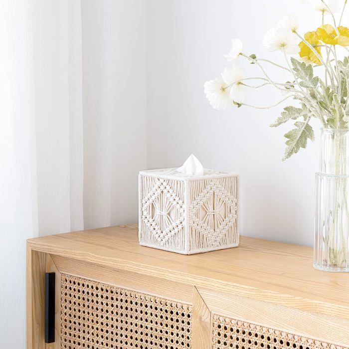 Boîte à Mouchoirs Décorative En Cuir PU - Format Carré 14x14x15 Cm, Beige, Avec Couvercle Magnétique - 9