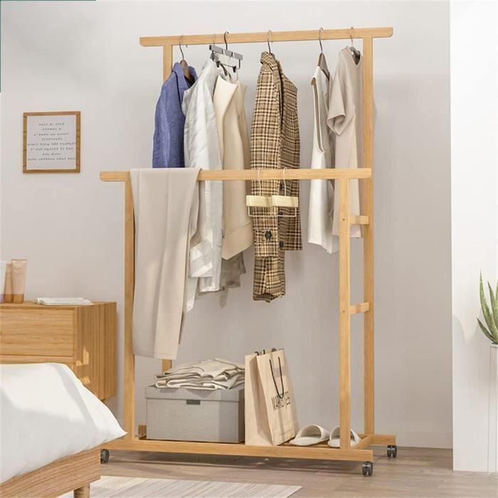Portant à Vêtements Relaxdays En Bambou - 2 Roulettes, 2 Compartiments - 166x84x45cm - Mobile