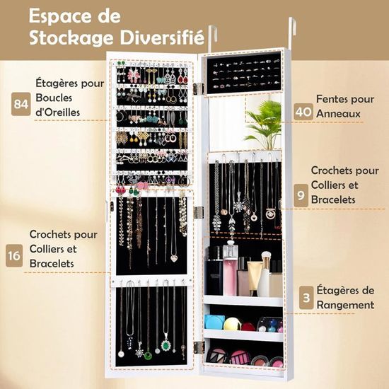 Armoire à Bijoux Avec Miroir Rotatif - 3 étagères, 120 Emplacements Boucles D'oreilles, Verrouillable, Marron - 2