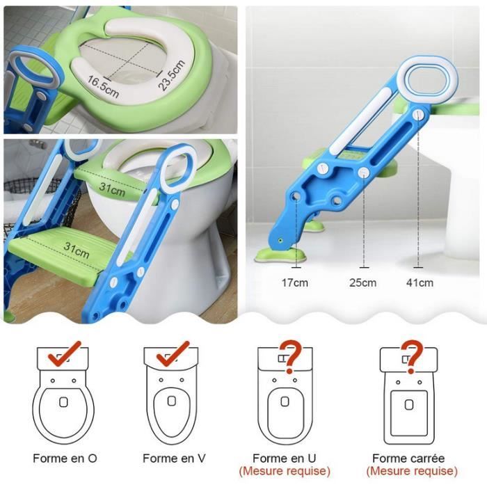 Siège de Toilette Enfant Reducteur de Toilette Pliable et Réglable Escalier  Toilette Enfant avec Échelle Marche pour Enfants 1 à 7 ans (Bleu+vert)