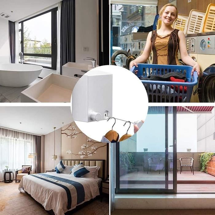 Sèche-linge rétractable pour l'intérieur, ligne à linge avec double corde en acier inoxydable réglable, gain de place pour le balcon, la salle de bain