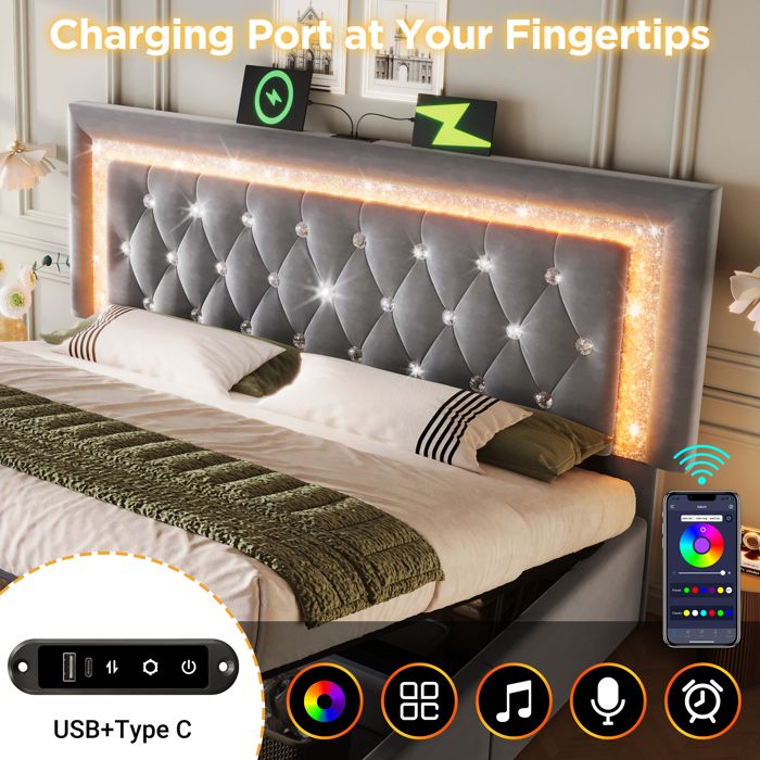 Lit Coffre 160x200 Cm Velours Blanc - Tête De Lit Capitonnée, Rangement Hydraulique, Bande LED, Ports USB