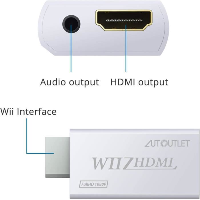 Autoutlet wii vers hdmi, adaptateur de conversion wii vers hdmi, avec câble  hdmi de 1 m la sortie audio-vidéo 3,5 mm wii2hdmi prend en charge 720 /