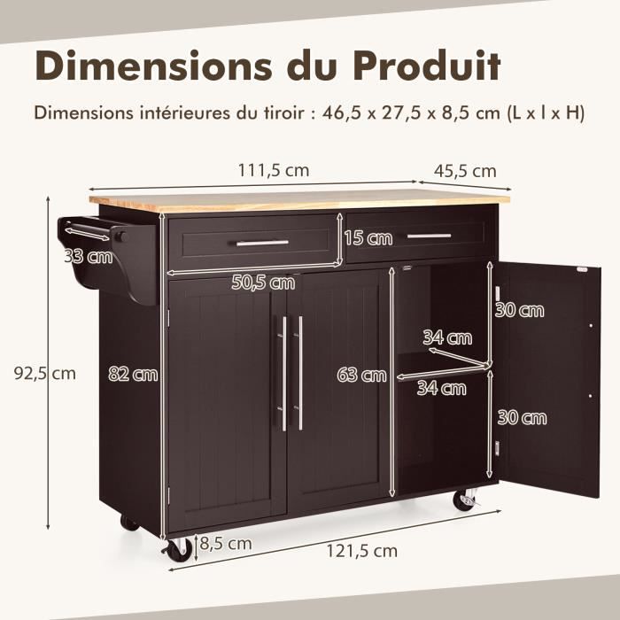 Desserte de cuisine noir à roulettes avec 3 tiroirs et 2 portes, étagères, porte-serviettes et porte-épices, plateau rabattable naturel | Leroy Merlin Desserte de cuisine noir à roulettes avec 3 tiroirs et 2 portes, étagères, porte-serviettes et porte-épices, plateau rabattable naturel | Leroy Merlin
