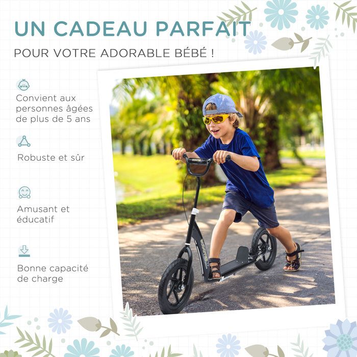 HOMCOM Trottinette Enfant Avec Roues 30 Cm, Guidon Réglable Et Frein, Dès 5 Ans !