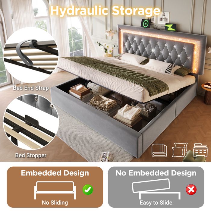 Lit Coffre 160 X 200 Cm Avec Tête De Lit Rangement - Prises USB Et LEDs Tissu En Lin Motif Boutons Gris Sans Matelas 92568401