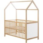 ROBA Lit Cabane Bébé Évolutif 70x140 cm - Convertible en Lit Junior et en Banc - Hauteur Réglable - Bois Laqué Blanc / Naturel