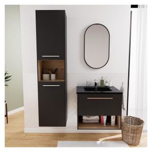 SALLE DE BAIN COMPLETE Ensemble meuble simple vasque 60cm noir + robinet + miroir + colonne NIKA