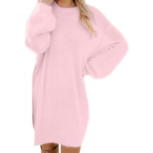 PULL Pull Femme Col O Sexy Ample Chic Et Elegant en Maille Long Pullover Tricot Casual Tendance À Manche PULL - CHANDAIL Rose