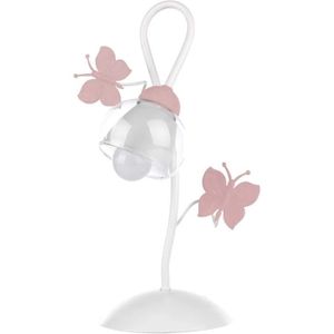 LAMPE A POSER ONLI Lampe de Table en Métal avec Papillons Peints en Rose. Verre Blanc et Transparent390