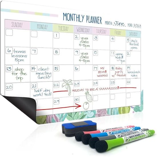 KYONANO Calendrier Magnetique Frigo 4 pièces, Tableau Blanc Magnetique, Planning Semaine&Mensuel