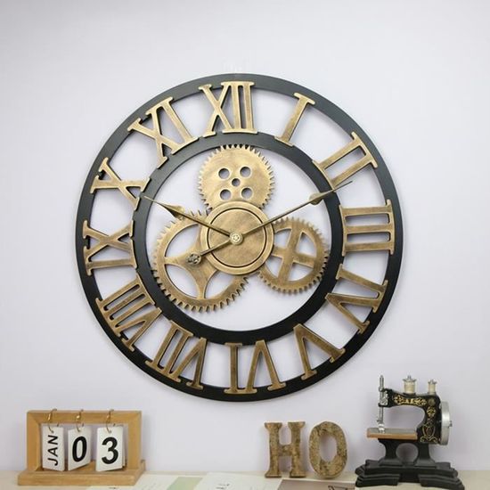 60CM 3D Horloge Murale Vintage Industriel en Métal Chiffres Romains Décoration à la maison Or