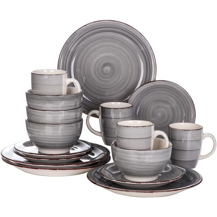 vancasso, Série Bella, Service de Table en Céramique, Assiettes 16 Pièces 4 Personnes, Faïence Style Vintage Rustique- Gris