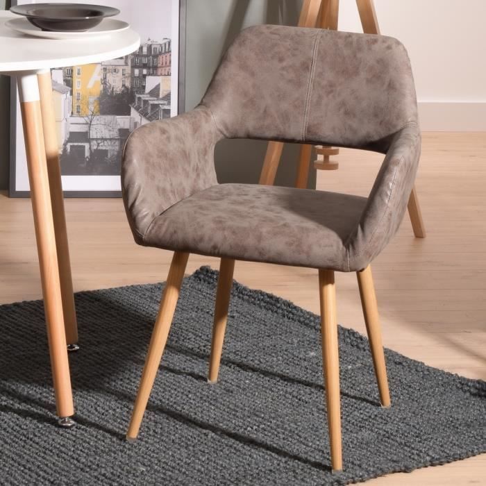 FURNISH1 Fauteuil Chaise Scandinave Salle à manger en Simili PU Vintage Métal look Bois Chêne Design Salon Bureau Chambre
