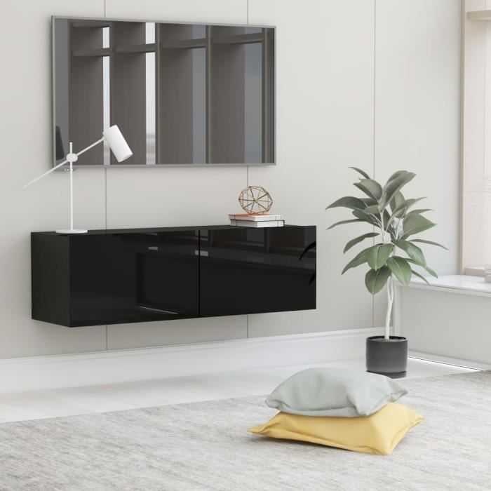 Meuble TV Mural Design Tendance Contemporain - Avec 2 Portes Abattantes - Noir brillant Aggloméré - 100x30x30 cm