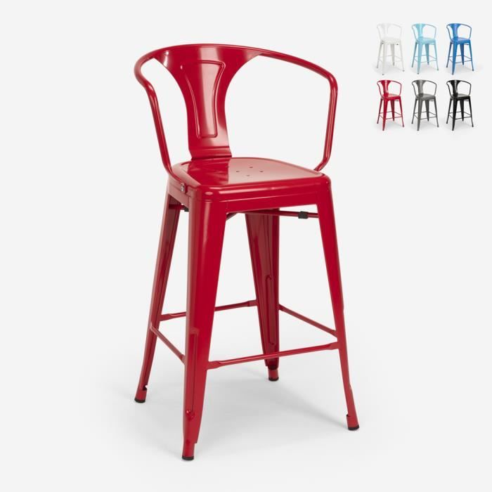 Tabouret avec dossier en métal design industriel pour bar et cuisine style Tolix Steel Back, Couleur: Rouge