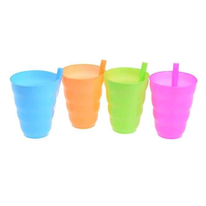 4pcs couleur bonbon ventouse en plastique tasse de paille pour enfants jus tasse de lait mélange couleur