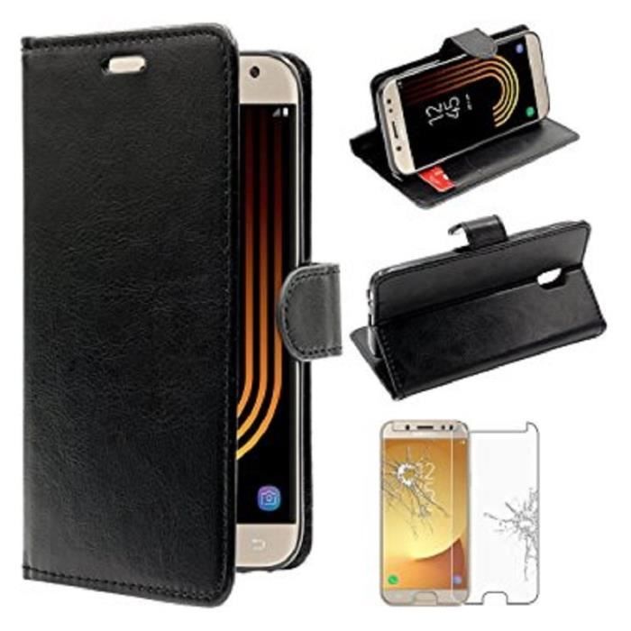 Housse Portefeuille Folio Noir + Film Verre Trempé Samsung Galaxy J5 2016