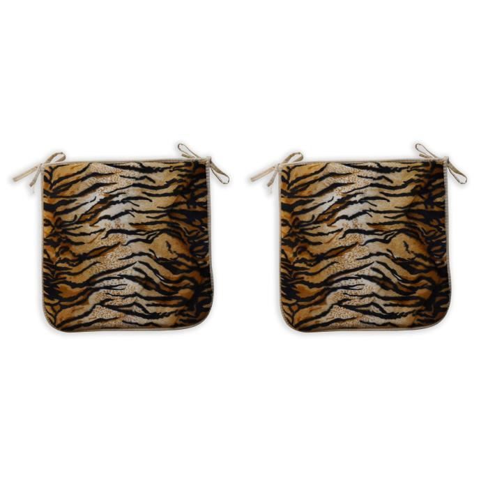 O'CBO Lot de 2 Galettes de chaise fourrure Tigre - 39 x 39 cm - Noir, crème et orange