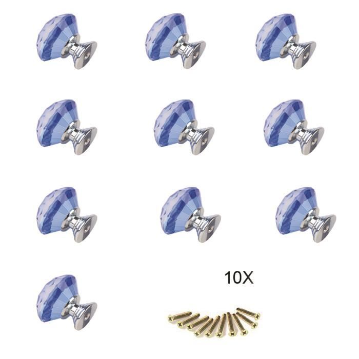 10 Pièce 40mm Bleu Poignée de Boutons en Transparent Brillant Alliage de Zinc Cristal Poignée de Tiroir avec Vis pour Tiroir Meuble