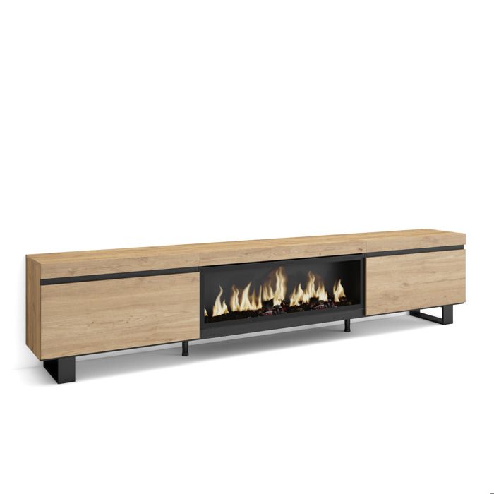 Meuble TV Banc Télé 267x35x57 cm TV grand format Cheminée électrique XXL Design industriel Chêne RF3607
