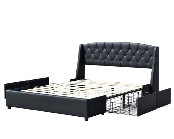 Lit Noir Iris 140x190 avec Sommier et 4 tiroirs + Tête de Lit Capitonnée - Pieds 4 cm