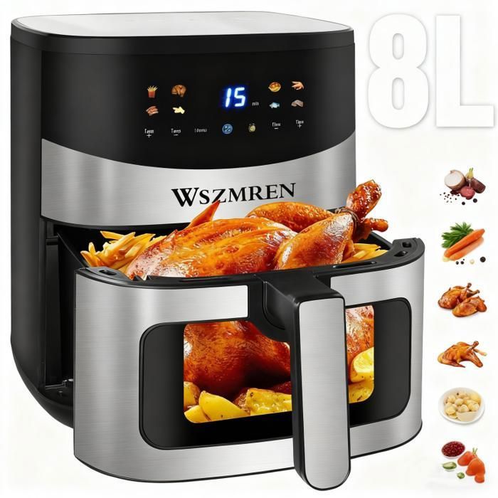 Friteuse sans huile 8L 1800W WSZMREN - Air fryer avec écran tactile LED 8 programmes fenêtre visible minuterie et thermostat - Wszmren