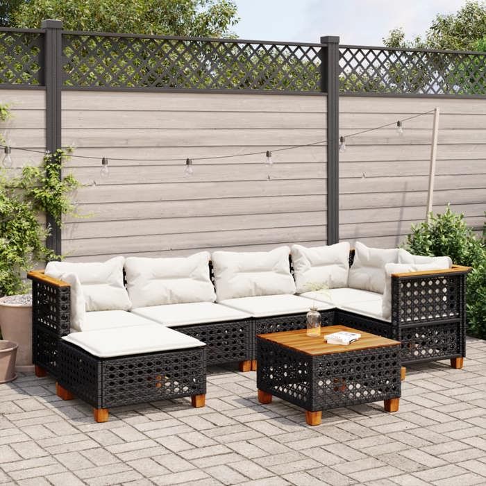 vidaXL Salon de jardin 7 pcs avec coussins noir résine tressée ensemble de canapés dextérieur salon de jardin ensemble 3261920