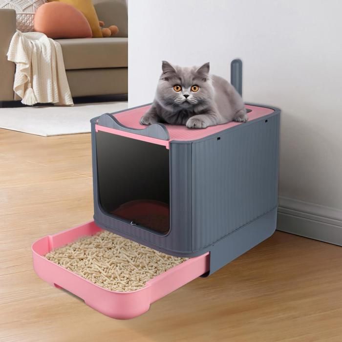 Amiremplie Bac à litière pour Chat Maison de Toilette fermé Pliable  Filtre et Pelle à litière,Facile à Nettoyer rose