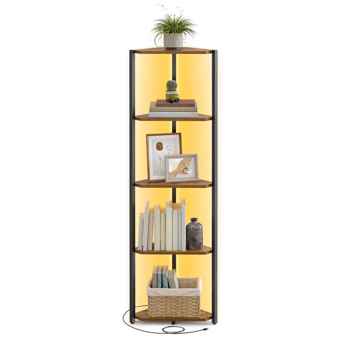 Étagère dangle à 5 Niveaux avec Éclairage LED Réglable Cadre en Acier 24 8 x 48 x 146 6 cm Marron Rustique Étagère dangle à 5 Niveaux avec Éclairage LED Réglable Cadre en Acier 24 8 x 48 x 146 6 cm Marron Rustique