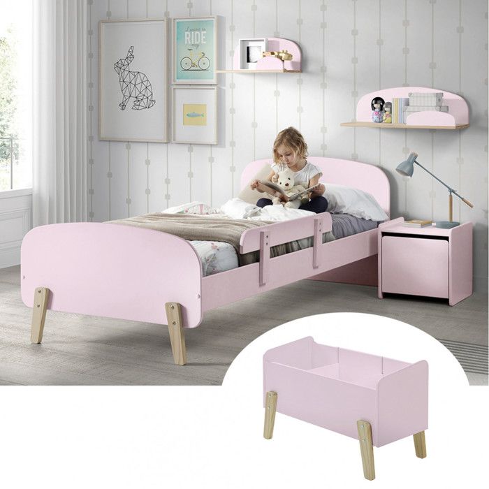 BODHI PINK - Lit 90x200cm avec Barrière + Chevet + Coffre + Etagères