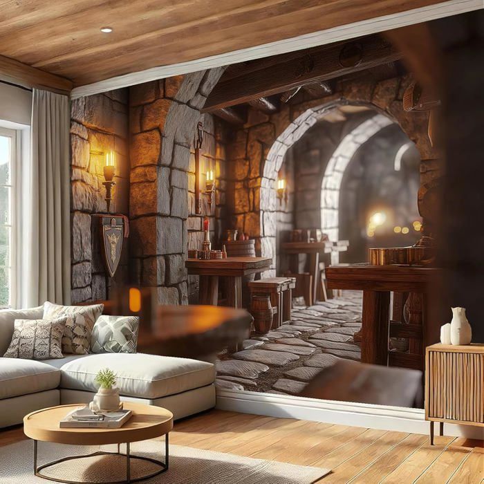 Papier Peint Soie Panoramique Bâtiment De La Taverne 350×250 Cm (W×H) 3D Poster Geant Mural Murs En Pierre Mobilier De Plantes