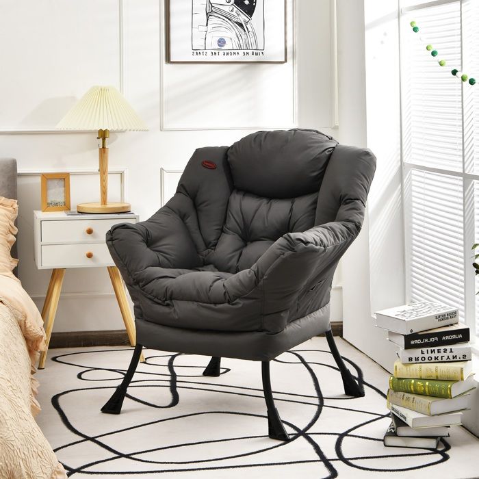 Fauteuil de Salon - RELAX4LIFE - Tissu Polyester - Cadre en Métal - Poche Latérale - Chaise de Lecture - Charge 114KG - Gris