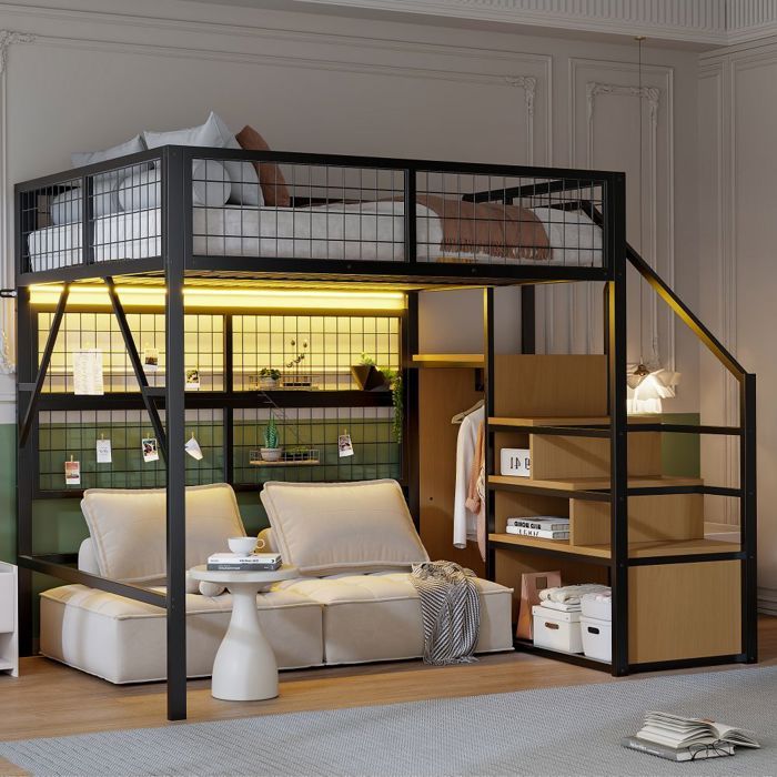 Lit mezzanine enfant 140x200 cm noir avec LEDs escalier rangement et armoire - Idéal chambre ado - Sans Matelas Lit mezzanine enfant 140x200 cm noir avec LEDs escalier rangement et armoire - Idéal chambre ado - Sans Matelas