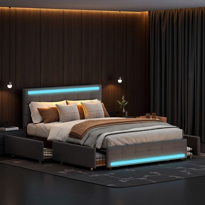 Lit Double 140x200 en Tissu Gris avec 4 Tiroirs et Tête de Lit — free download