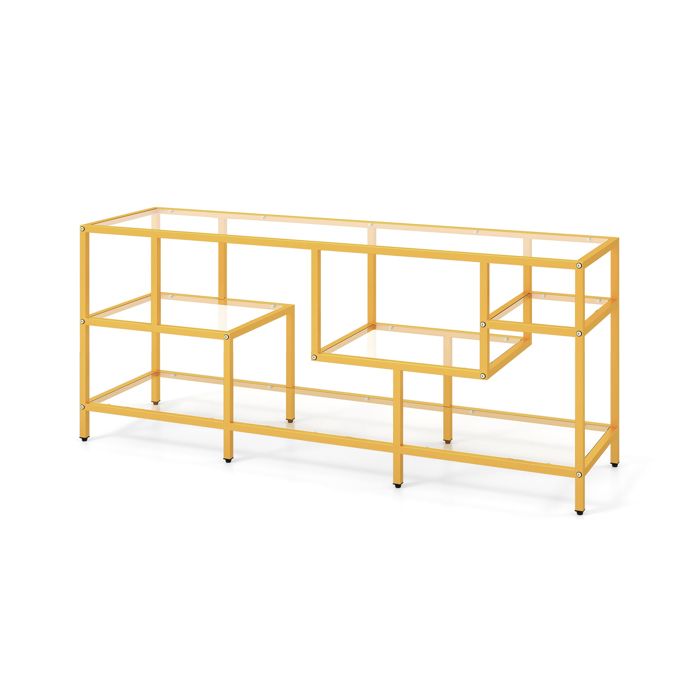 GIANTEX- Meuble TV Moderne- 147x40x62cm- pour TV jusquà 65- 5 Étagères Ouverts en Verre Trempé- Cadre en Métal- Salon Chambre