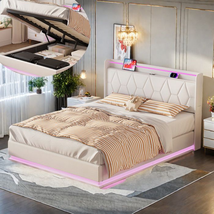 Lit 140x200 cm - Ensaches - LED et USB - Cadre de Lit en Métal - Blanc