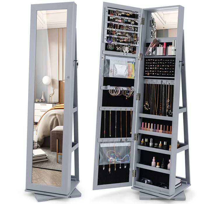 Armoire à Bijoux Pivotante - RELAX4LIFE - 3 Étagères Arrières - Doublure Anti-Rayures - Miroir sur Pied - Verrouillable - Gris
