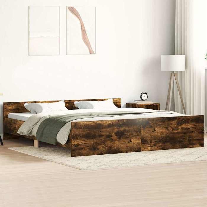 Structure de lit chêne fumé - UU - 160x200 cm - Bois dingénierie - Bois de pin massif - Contreplaqué - 203x163x50 cm