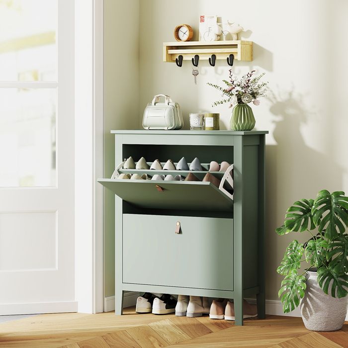 Meuble à chaussures 14 paires armoire à chaussures avec 2 tiroirs rabattables étagères amovibles et réglables vert