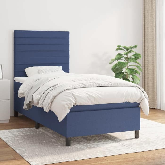 Lit complet - Maison Exclusive - Sommier à lattes - Matelas 90×190 cm (20 cm) ressorts ensachés - Tissu bleu