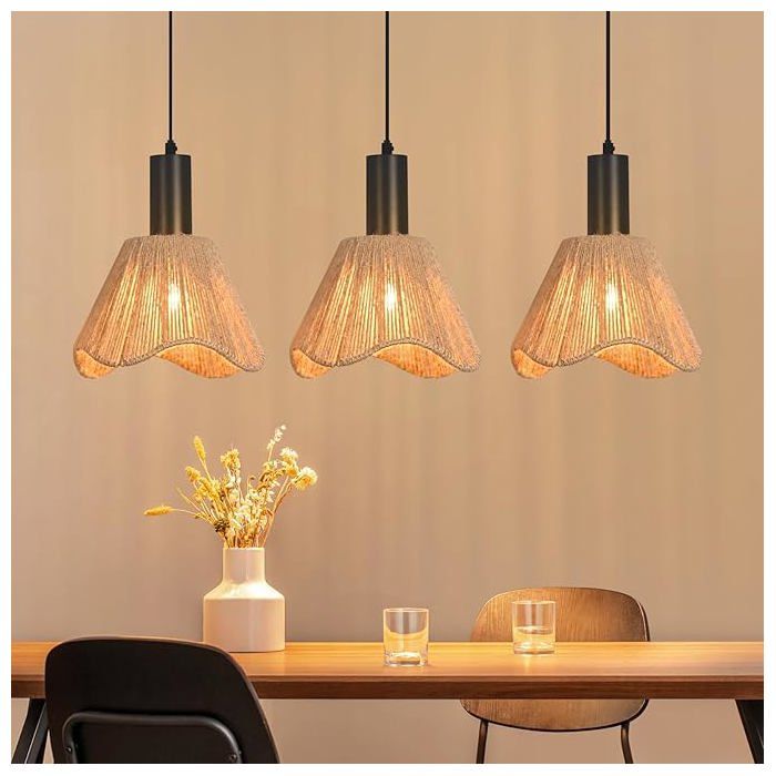 Lampe suspendue Homefire style bohème en osier lampe de table à trois lampes abat-jour en corde de chanvre tressée douille E27