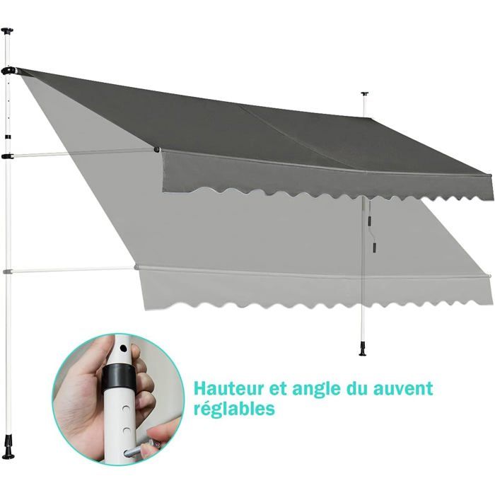GIANTEX Store Banne Manuel Rétractable 4x12M en Aluminium-sans Perçage-Hauteur Réglable 2-3M-Auvent Banne de Balcon sur PiedGris