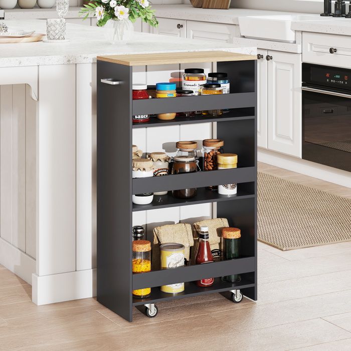 GIANTEX Desserte de Cuisine Étroit à Roulettes avec Freins-475x25x805cm-Chariot de Service à 4 Niveaux avec Poignée-Gris + Naturel