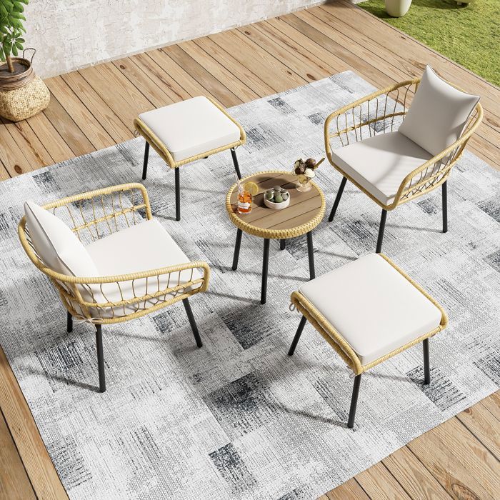 MIVRAY Ensemble de Jardin 5 Pièces - Salon avec Chaises Table et Poufs en Rotin Structure Métallique Blanc et Naturel