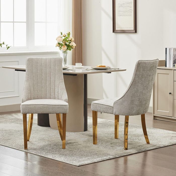 Lot de 2 Chaises de Salle à Manger en Chenille - Chaises de Cuisine - Pieds en métal doré - Rembourrée - Beige