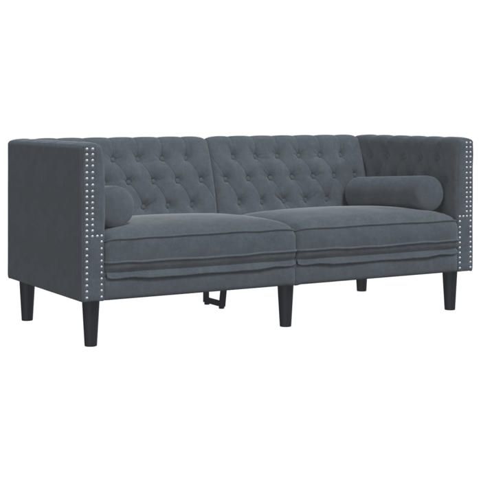 (Promo 2026)CANAPÉ FIXE Gris - SHIELD - Canapé Chesterfield avec traversins 2 places - Sofa pour 2 personnes - gris foncé velours 88