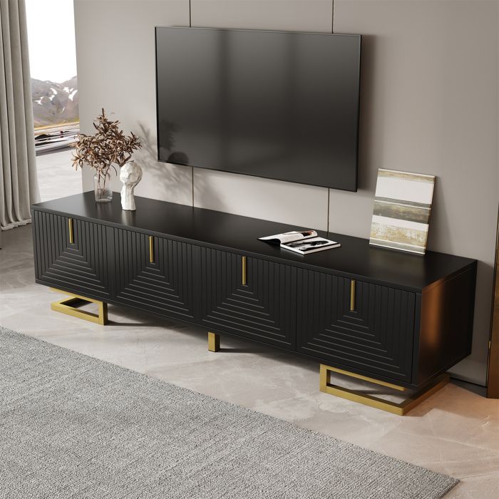 Meuble TV Bas 160 x 38 x 445 cm avec Portes Texturées Poignées et Pieds Dorés - design Contemporain Robuste Noir