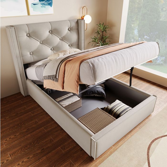 Lit simple 90 × 200 cm gris clair en coton avec coffre de rangement