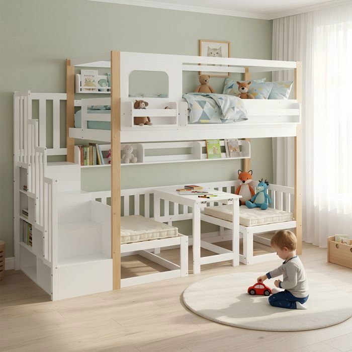 Lit superposé enfant 90x200 cm avec table multifonctionnelle réglable en hauteur et étagère escalier de rangement blanc.